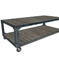 Rustic Industrial Coffee Table With Wooden Top Green Metal Frame Lower Shelf And Wheels