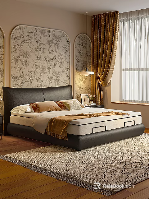 Sleek Dark Upholstered Double Bed With Comfortable Bedding For Warm Luxury Bedroom Space 3d model 