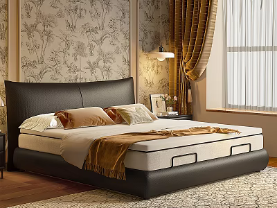 Sleek Dark Upholstered Double Bed With Comfortable Bedding For Warm Luxury Bedroom Space 3d model