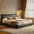 Sleek Dark Upholstered Double Bed With Comfortable Bedding For Warm Luxury Bedroom Space