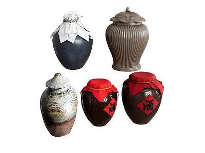 Various Designs Decorative Jar Ornament Set With Ribbed Patterns Cloth Covers And Lucky Characters 3d model