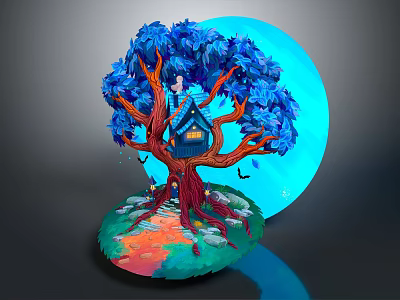 Cartoon Scene With Blue Leaved Tree Small House In Orange Trunk And Large Blue Moon 3d model