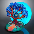Cartoon Scene With Blue Leaved Tree Small House In Orange Trunk And Large Blue Moon