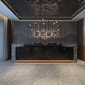 Elegant Chinese Storefront Reception With Marble Desk Black Counter Mirrored Ceiling Chandelier And Potted Plant