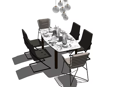 Modern Dining Table Set With Six Chairs Marble Tabletop Pendant Lights And Tableware 3d model