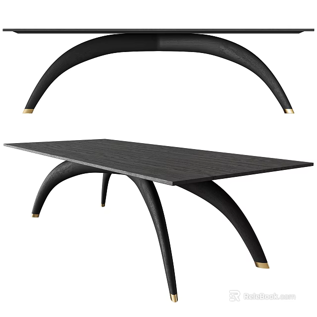 Modern Black Rectangular Dining Table With Curved Legs And Gold Foot Accents 3d model 