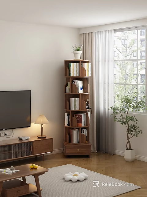 Wooden Revolving Decorative Cabinet with Books Decorations and Modern Living Room Elements 3d model 