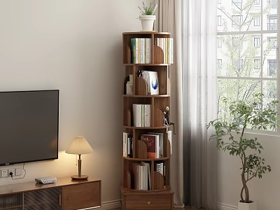 Wooden Revolving Decorative Cabinet with Books Decorations and Modern Living Room Elements 3d model