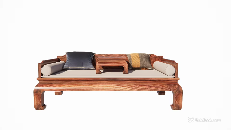 Traditional Chinese Single Sofa With Solid Wood Frame Small Table And Colorful Decorative Pillows 3d model 