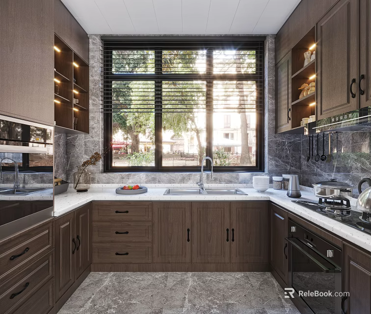 Modern Kitchen Interior With Wooden Cabinets Large Window Blinds And Double Sink Countertop 3d model 