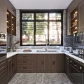 Modern Kitchen Interior With Wooden Cabinets Large Window Blinds And Double Sink Countertop