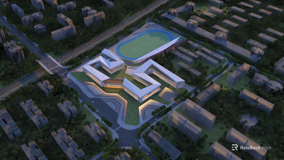Modern School Building Complex With Central Sports Field And Green Surroundings 3d model 