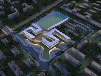 Modern School Building Complex With Central Sports Field And Green Surroundings 3d model