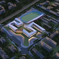 Modern School Building Complex With Central Sports Field And Green Surroundings