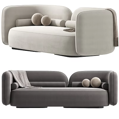 Neutral Toned Modern Casual Sofa Set With Soft Pillows And Cozy Blanket 3d model