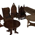 Rustic Wooden Table and Chair Set Featuring Round and Rectangular Tables with Carved Chairs 3d model