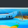 Playful Cartoon Ocean Scene With Boat Lighthouse Beach Sailboat And Fish