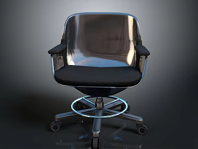 Modern Office Chair Featuring Silver Frame Black Cushion Armrests Wheeled Base And Blue Light Ring 3d model