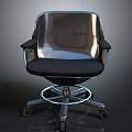 Modern Office Chair Featuring Silver Frame Black Cushion Armrests Wheeled Base And Blue Light Ring