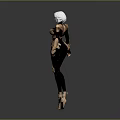 3D Rendered Female Character With Black And Gold Armor White Hair Standing In Gray Background