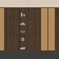 Modern Wooden Wardrobe Design With Woven Panels And Open Compartment Featuring Decorative Items And Books