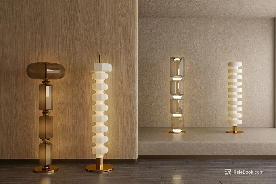 Modern Floor Lamps With Glass And White Shades And Gold Bases In Interior Design 3d model 