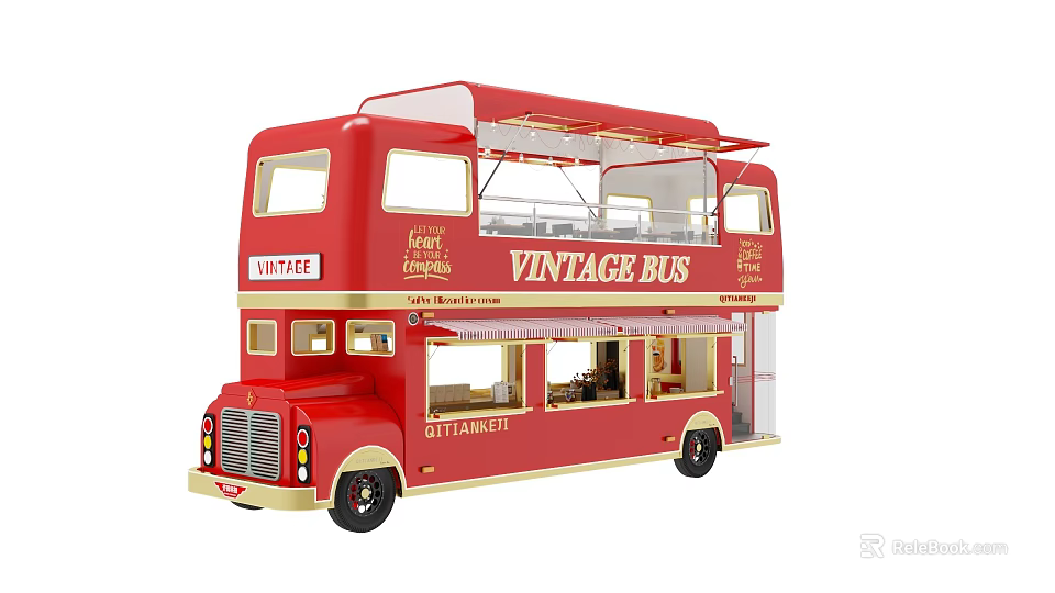 Vintage Double Decker Bus Functional Restaurant Vehicle With Open Top Design 3d model 
