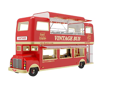 Vintage Double Decker Bus Functional Restaurant Vehicle With Open Top Design 3d model