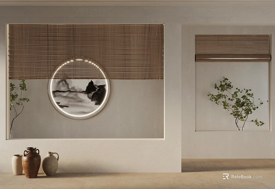 Bamboo Blinds In Interior With Circular Landscape Painting Green Plants And Clay Pots 3d model 