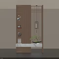 Modern Chinese Style Entryway With Wooden Lattice Lantern And Bonsai Plant On Marble Countertop