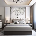 Elegant Modern Bedroom Interior With Large Bed Decorative Painting Nightstands And Chandelier