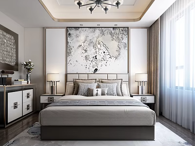 Elegant Modern Bedroom Interior With Large Bed Decorative Painting Nightstands And Chandelier 3d model