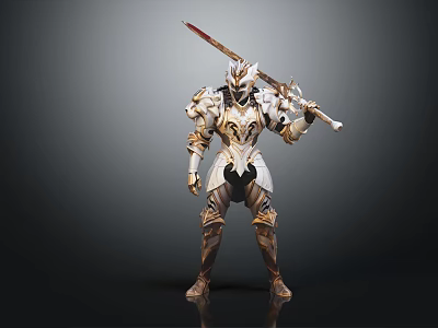 Mythical Warrior In Ornate Armor With Dragon Engravings Holding Sword On Dark Backdrop 3d model