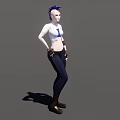 Woman With Blue Spiky Hair Wearing White Short Sleeve Top Blue Crop Top Black Pants