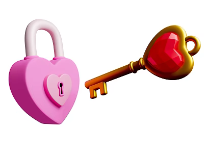 Pink Heart Shaped Lock And Golden Heart Shaped Key With Red Gem Decorative Accessories 3d model