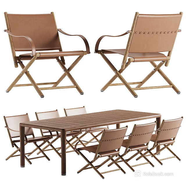 Brown Outdoor Folding Table and Chair Set With Rectangular Table And Armchairs 3d model