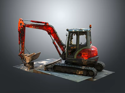 Red Excavator With Tracks Cab And Bucket On Gray Background 3d model