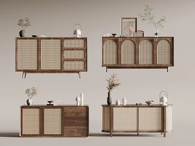 Modern Wooden Entryway Cabinet And Side Cabinet Design With Woven Doors And Decorative Plants 3d model