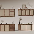 Modern Wooden Entryway Cabinet And Side Cabinet Design With Woven Doors And Decorative Plants