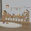 Wooden House Shaped Toy Storage Shelf in Kids Room with Drawers and Stuffed Toys