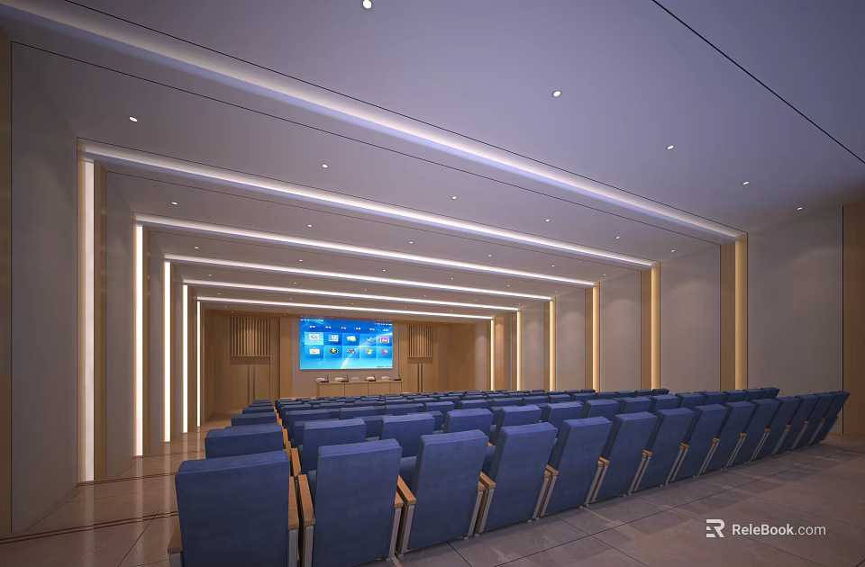 Modern Spacious Conference Room With Blue Chairs Large Screen Wooden Wall And Ceiling Lights 3d model 