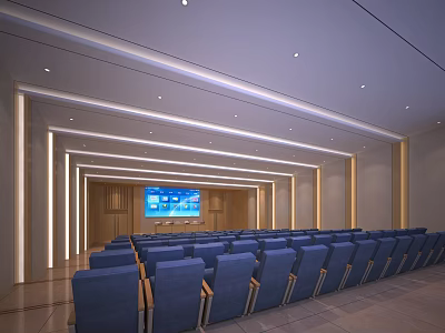 Modern Spacious Conference Room With Blue Chairs Large Screen Wooden Wall And Ceiling Lights 3d model