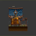 Whimsical Cartoon Scene With Small House Blue Roof Orange Walls Chimney And Green Plants