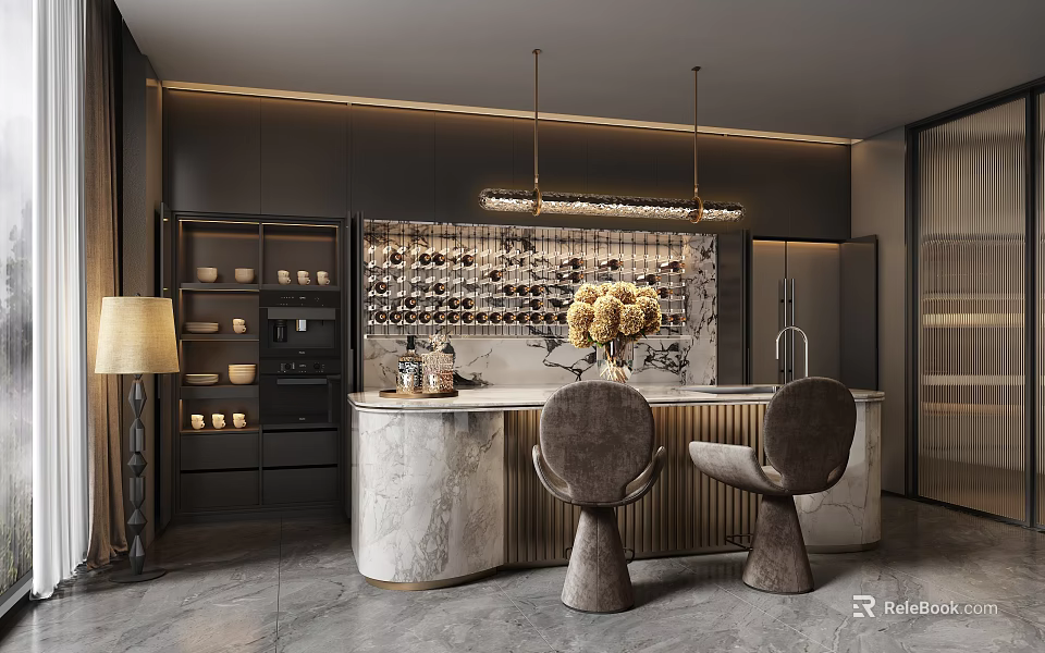 Elegant Modern Restaurant Interior With Marble Bar Counter Wine Rack Pendant Lights And Chairs 3d model 
