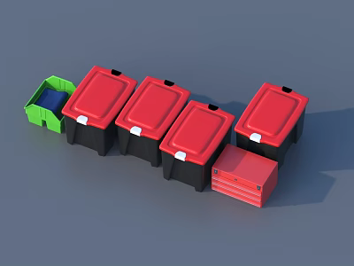 Multiple Trash Bins With Red Lids And Green Container Arranged In Row 3d model