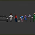 Game Movie Characters with Various Outfits Standing Together by DeLorean Car in Group Pose