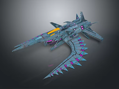 Futuristic Sci Fi Spaceship With Sleek Design Purple Glowing Spikes And Yellow Cockpit 3d model