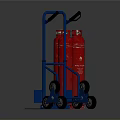 Two Red Gas Cylinders Together With Blue Wheeled Cylinder Transport Cart