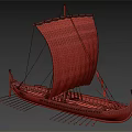 Ancient Wooden Boat With Blue Decorated Sail And Traditional Wooden Oars Structure