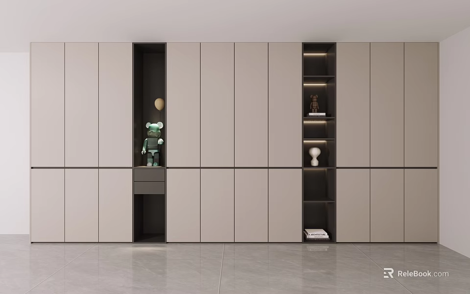Modern Elegant Built in Storage Cabinets with Beige Black Finish and Layered Design Decorative Items 3d model 